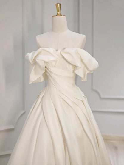 Robe de bal longue en satin beige à épaules dénudées, robe de soirée longue beige ED055