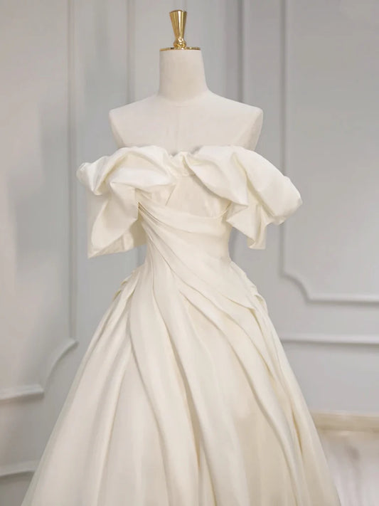 Schulterfreies A-Linie Satin Beige Langes Ballkleid, Beige Langes Abendkleid ED055