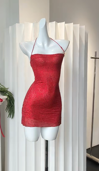 Sexy Sheath Burgundy Short Prom Dresses Tulle Rhinstones Sleeveless Formal Dresses Halter Birthday Dresses ED05507