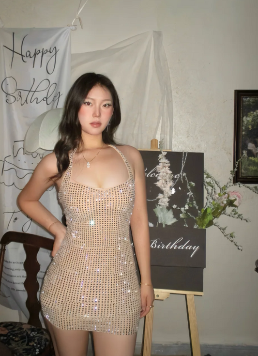 Sexy Sheath Short Prom Dresses Tulle Rhinstones Sleeveless Formal Dresses Halter Champagne Birthday Dresses ED05508