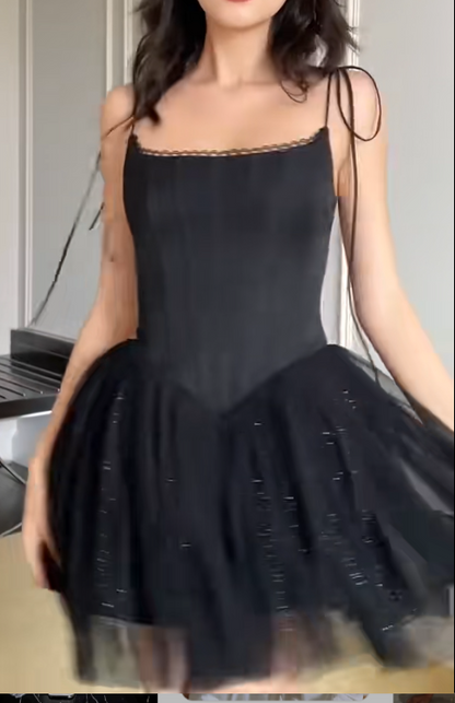 Sexy A-Line Short Prom Dresses Tulle Sleeveless Homecoming Dresses Spaghetti Straps Balck Birthday Dresses ED05509