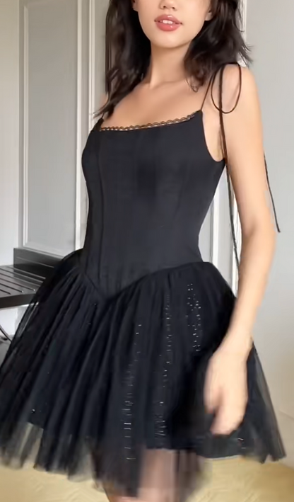 Sexy A-Line Short Prom Dresses Tulle Sleeveless Homecoming Dresses Spaghetti Straps Balck Birthday Dresses ED05509