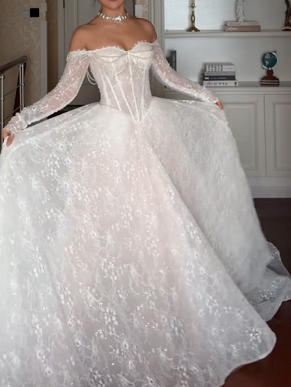 Elegant A-Line Train Wedding Dresses Off-shoulder Lace Bridal Gowns Long Sleeves Bridal Dresses ED05518