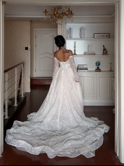 Elegant A-Line Train Wedding Dresses Off-shoulder Lace Bridal Gowns Long Sleeves Bridal Dresses ED05518