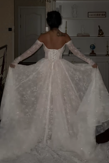 Elegant A-Line Train Wedding Dresses Off-shoulder Lace Bridal Gowns Long Sleeves Bridal Dresses ED05518