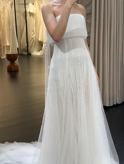 Simple Sheath Strapless Long Wedding Dresses Tulle Beaded White Bridal Gowns Sleeveless Bridal Dresses ED05520