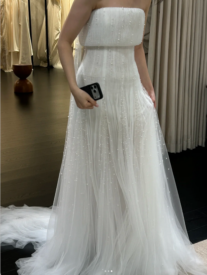 Simple Sheath Strapless Long Wedding Dresses Tulle Beaded White Bridal Gowns Sleeveless Bridal Dresses ED05520