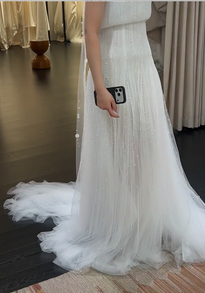 Simple Sheath Strapless Long Wedding Dresses Tulle Beaded White Bridal Gowns Sleeveless Bridal Dresses ED05520