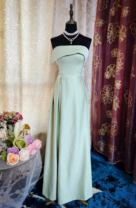 Simple Sheath Strapless Long Evening Dresses Satin Green  Bridesmaid Dresses ED05521