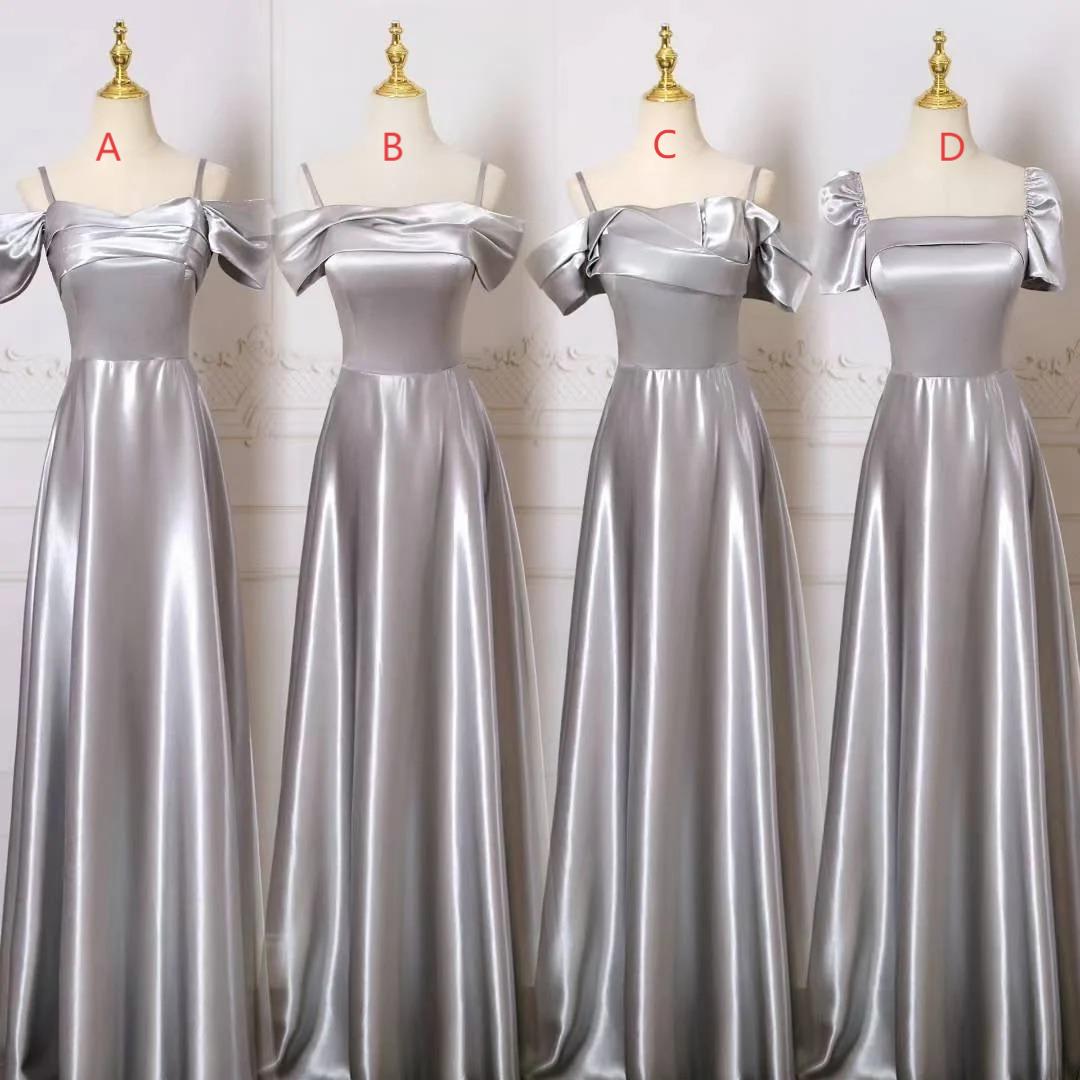 Chic Sheath Long Evening Dresses Satin Gray Bridesmaid Dresses ED05523