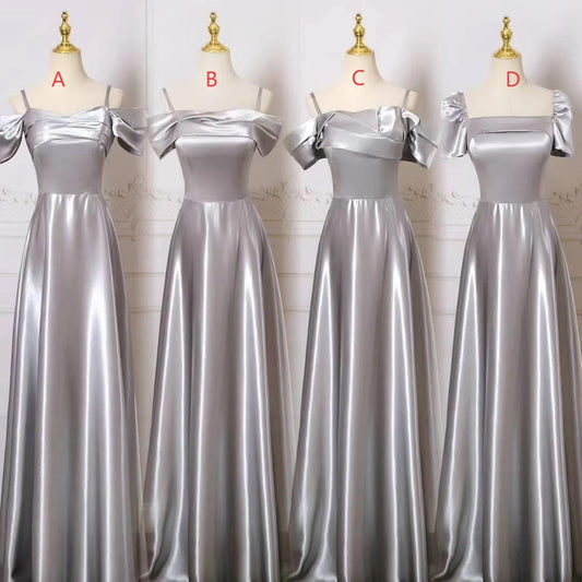 Chic Sheath Long Evening Dresses Satin Gray Bridesmaid Dresses ED05523