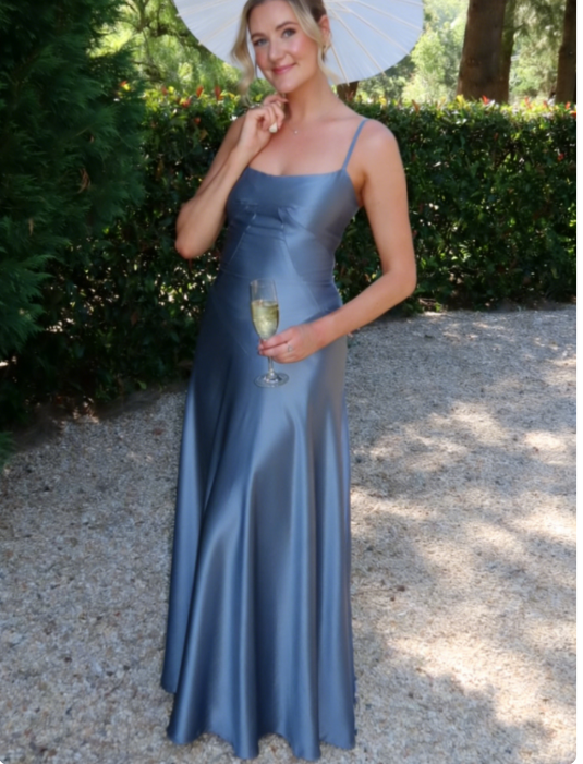 Chic Sheath Spagheti Straps Long Evening Dresses Satin Olive Green Bridesmaid Dresses ED05526
