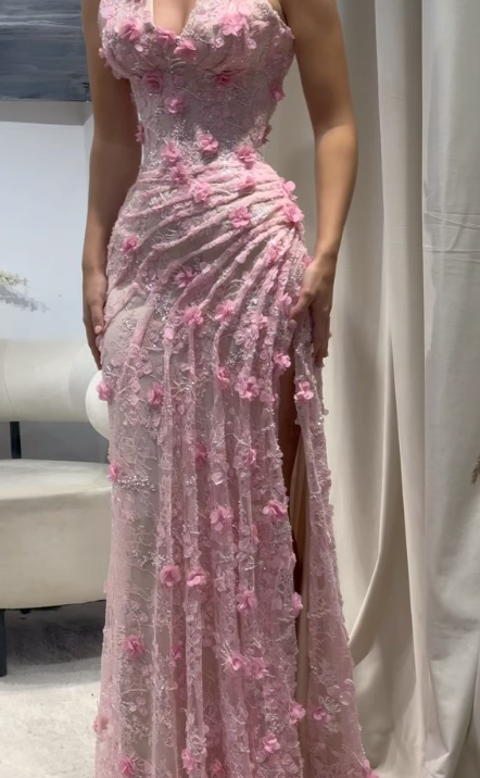 Glam Pink Sheath Long Prom Dresses with Slits Lace Beaded Appliques Evening Dresses ED05528