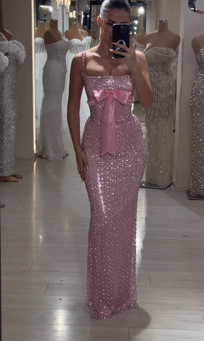 Glam Pink Sheath Long Prom Dresses  Diamonds Satin Sleeveless Pink Evening Dresses ED05529