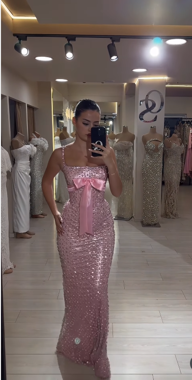 Glam Pink Sheath Long Prom Dresses  Diamonds Satin Sleeveless Pink Evening Dresses ED05529