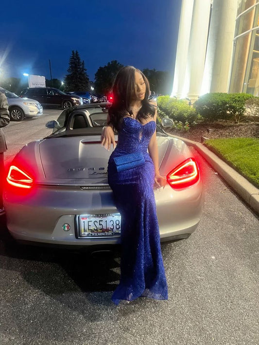 Glam Sweetheart Mermaid Royal Blue Long Prom Dresses Beaded Tulle Evening Dresses Sleeveless Birthday Dresses ED05530