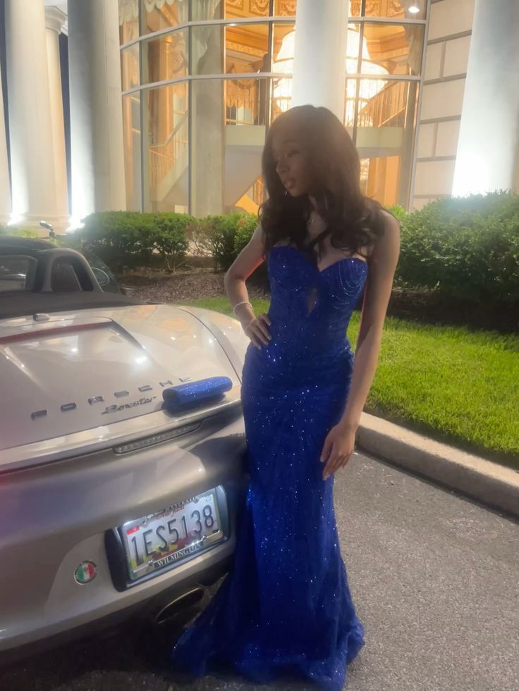 Glam Sweetheart Mermaid Royal Blue Long Prom Dresses Beaded Tulle Evening Dresses Sleeveless Birthday Dresses ED05530