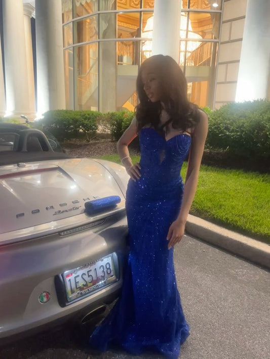 Glam Sweetheart Mermaid Royal Blue Long Prom Dresses Beaded Tulle Evening Dresses Sleeveless Birthday Dresses ED05530