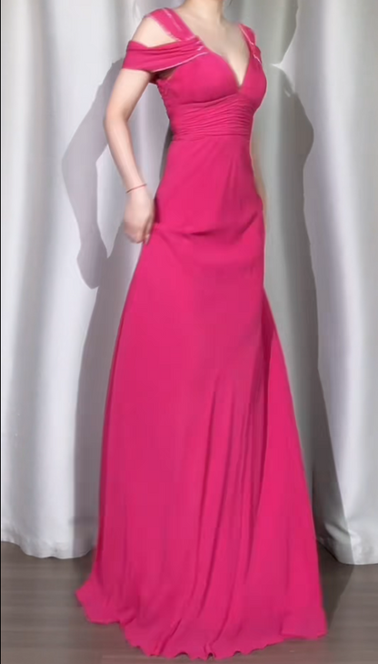 Glam A-Line Hot Pink Long Prom Dresses Chiffon V-neck Evening Dresses Sleeveless Birthday Dresses ED05532