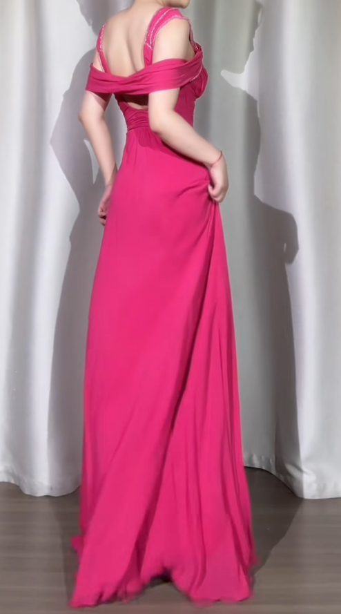 Glam A-Line Hot Pink Long Prom Dresses Chiffon V-neck Evening Dresses Sleeveless Birthday Dresses ED05532