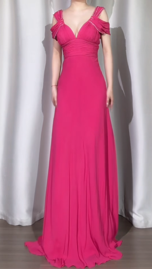 Glam A-Line Hot Pink Long Prom Dresses Chiffon V-neck Evening Dresses Sleeveless Birthday Dresses ED05532