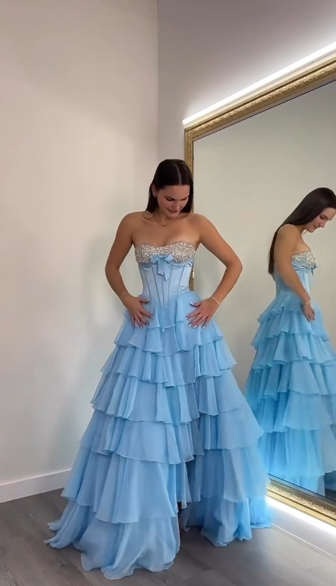 Fairy Strapless A-Line  Long Prom Dresses Chiffon Blue Evening Dresses Sleeveless Party Dresses ED05533