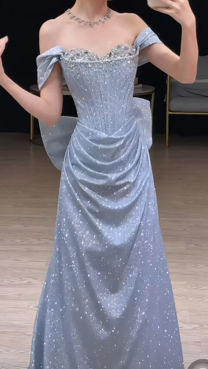 Glitter Off-shoulder A-Line  Long Prom Dresses Satin Blue Evening Dresses Sleeveless Party Dresses ED05534