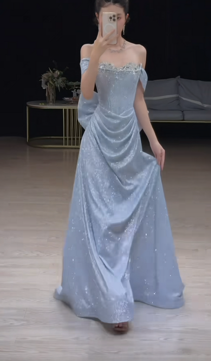 Glitter Off-shoulder A-Line  Long Prom Dresses Satin Blue Evening Dresses Sleeveless Party Dresses ED05534
