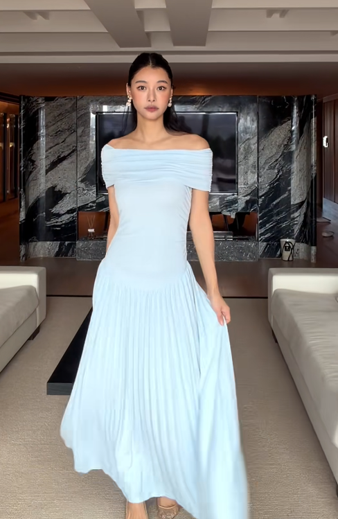 Simple Off-shoulder Sheath Long Evening Dresses Chiffon Blue Prom Dresses Sleeveless Guest Dresses ED05537