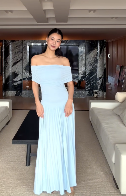 Simple Off-shoulder Sheath Long Evening Dresses Chiffon Blue Prom Dresses Sleeveless Guest Dresses ED05537