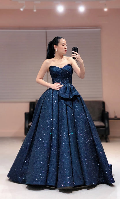 Simple Strapless A-Line Long Evening Dresses Glitter Satin Navy Blue Prom Dresses Sleeveless Birthday Dresses ED05539