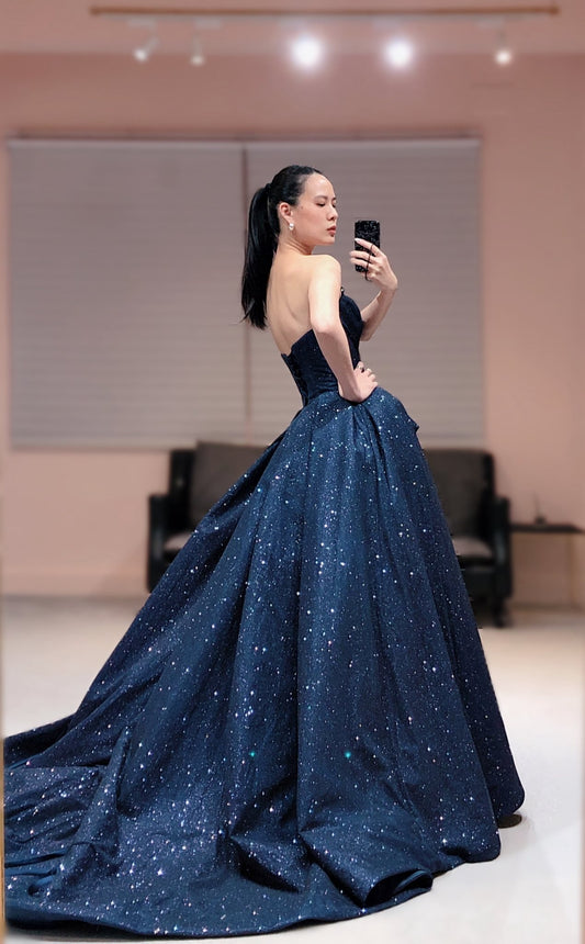 Simple Strapless A-Line Long Evening Dresses Glitter Satin Navy Blue Prom Dresses Sleeveless Birthday Dresses ED05539