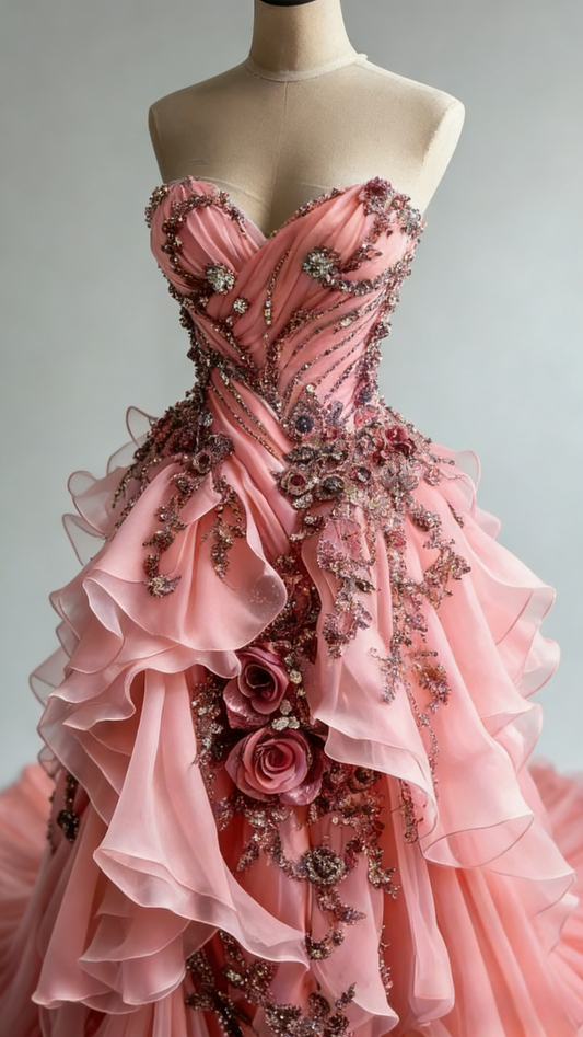 Gorgeous Sweetheart  Long Peach Prom Dresses Tulle Appliques A-Line Birthday Dresses Sleeveless Evening Gowns ED05540