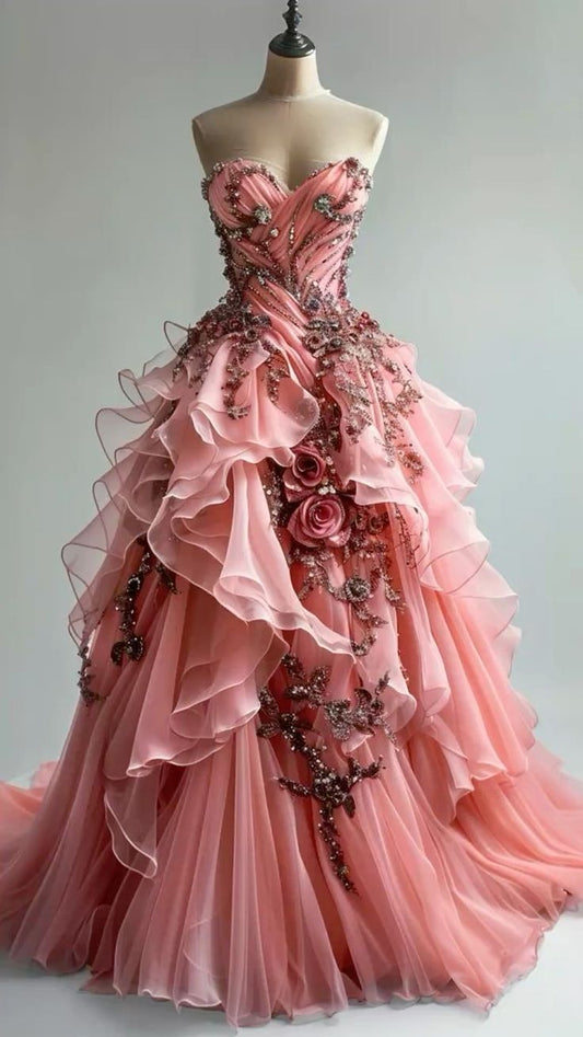 Gorgeous Sweetheart A-Line Long Prom Dresses Tulle Appliques Peach Birthday Dresses Sleeveless Evening Gowns ED05540