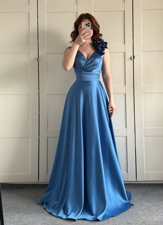 Elegant V-neck A-Line Long Prom Dresses Satin Blue Evening Gowns Sleeveless Birthday Dresses ED05543