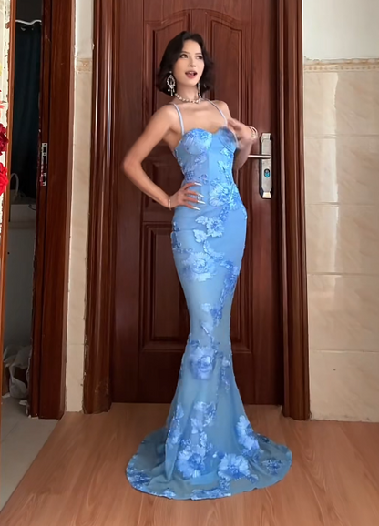Elegant Spaghetti Straps Mermaid Long Prom Dresses Chiffon Appliques Blue Evening Gowns Backless Birthday Dresses ED05544