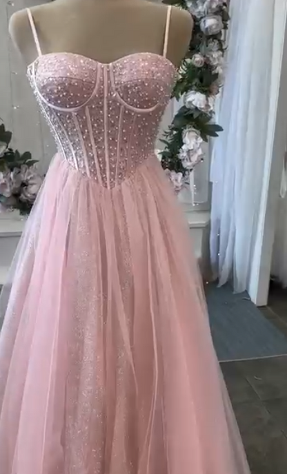 Gorgeous Spaghetti Straps A-Line Long Prom Dresses Tulle Beaded Pink Evening Gowns Sleeveless Birthday Dresses ED05545