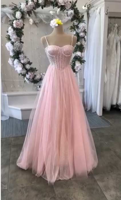 Gorgeous Spaghetti Straps A-Line Long Prom Dresses Tulle Beaded Pink Evening Gowns Sleeveless Birthday Dresses ED05545