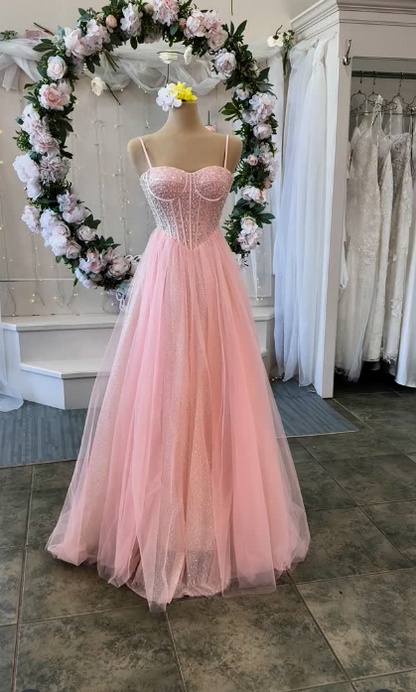 Gorgeous Spaghetti Straps A-Line Long Prom Dresses Tulle Beaded Pink Evening Gowns Sleeveless Birthday Dresses ED05545