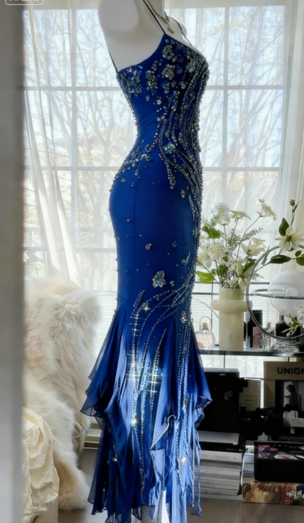 Gorgeous Spaghetti Straps Sheath Long Prom Dresses Chiffon Beaded Royal Blue Evening Gowns Sleeveless Formal Dresses ED05546