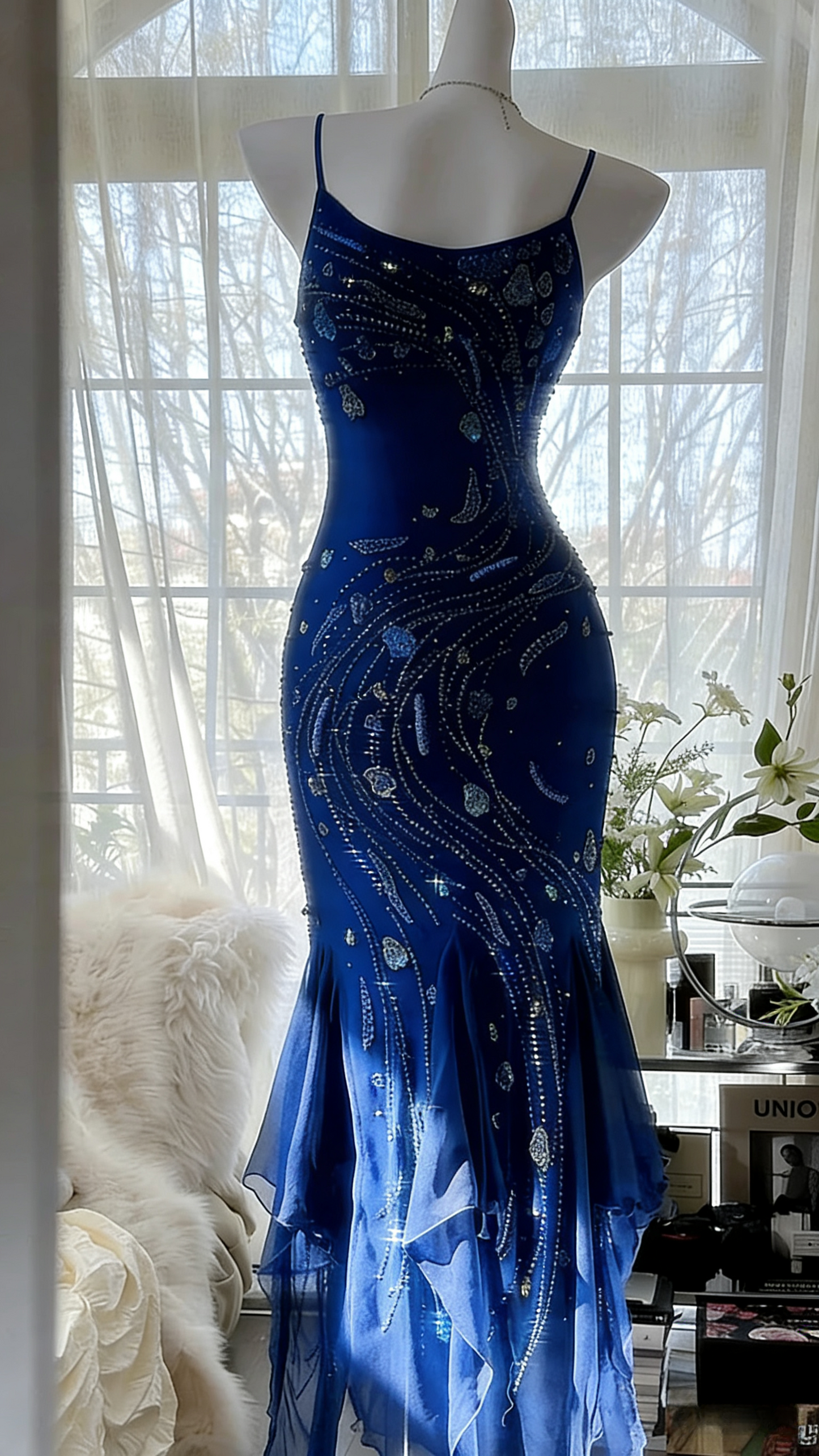 Gorgeous Spaghetti Straps Sheath Long Prom Dresses Chiffon Beaded Royal Blue Evening Gowns Sleeveless Formal Dresses ED05546