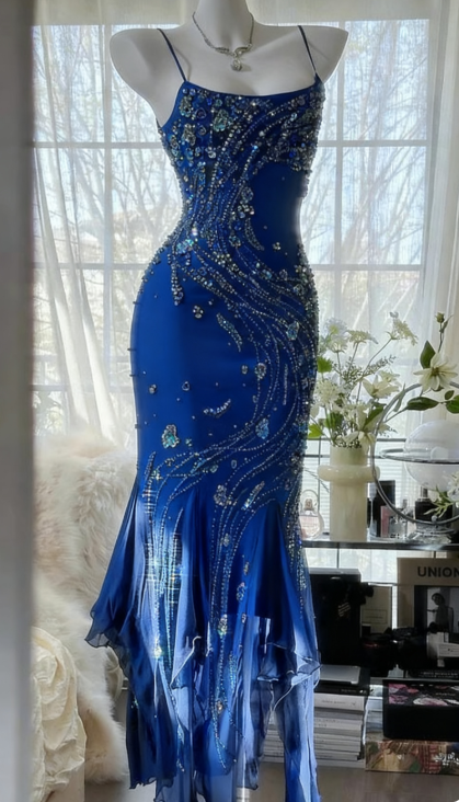 Gorgeous Spaghetti Straps Sheath Long Prom Dresses Chiffon Beaded Royal Blue Evening Gowns Sleeveless Formal Dresses ED05546