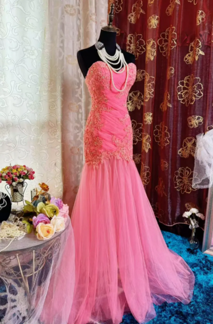 Gorgeous Sweetheart Mermaid Long Prom Dresses Tulle Applique  Pink Evening Gowns Sleeveless Birthday Dresses ED05547
