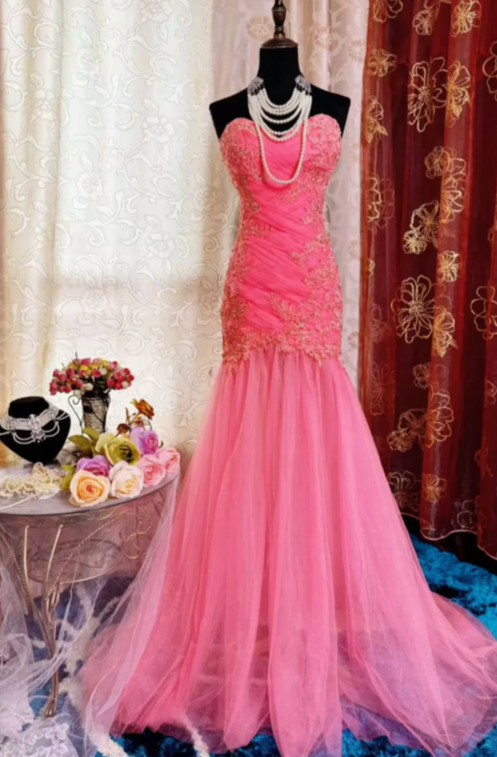 Gorgeous Sweetheart Mermaid Long Prom Dresses Tulle Applique  Pink Evening Gowns Sleeveless Birthday Dresses ED05547