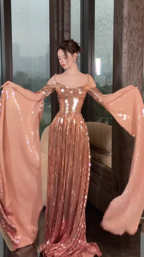 Gorgeous Straps A-Line Long Prom Dresses Metalic Sleeveless Evening Gowns  ED05548