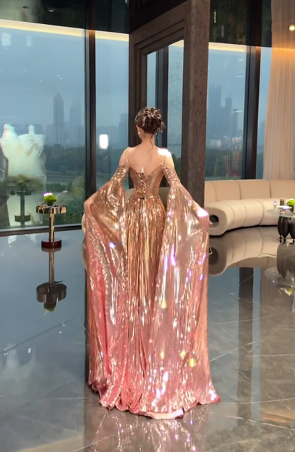 Gorgeous Straps A-Line Long Prom Dresses Metalic Sleeveless Evening Gowns  ED05548