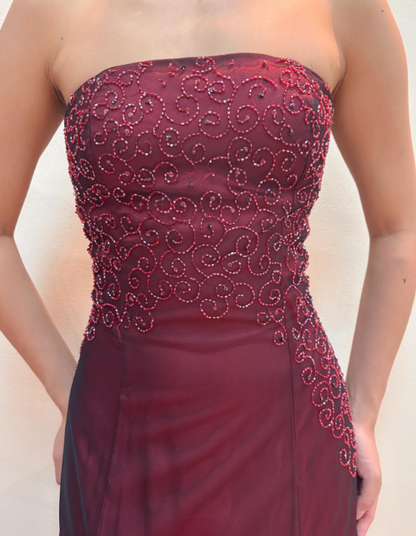 Vintage Spaghetti Straps A-Line Long Prom Dresses Tulle Beaded Burgundy Evening Gowns   ED05549