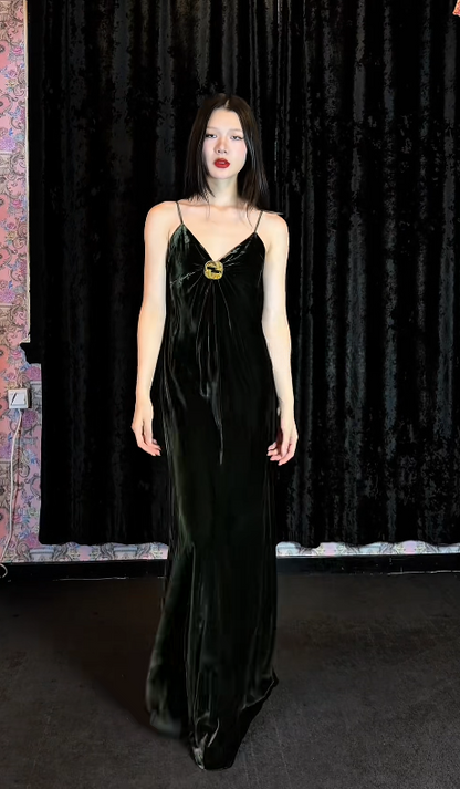 Sexy Spaghetti Straps Sheath Long Prom Dresses Velvet Dark Green Evening Gowns   ED05551