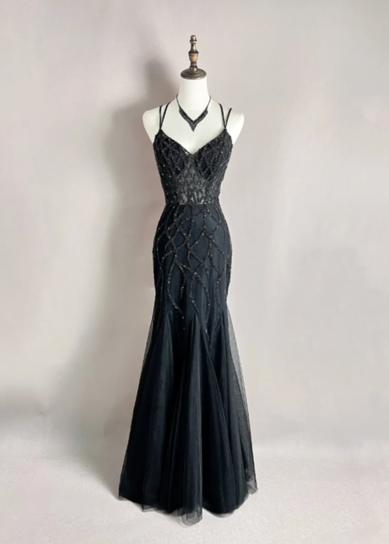 Sexy Spaghetti Straps Mermaid Long Prom Dresses Tulle Black Evening Gowns ED05552