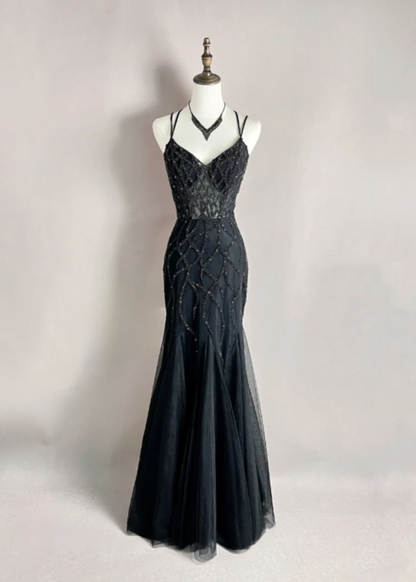 Sexy Spaghetti Straps Mermaid Long Prom Dresses Tulle Black Evening Gowns ED05552